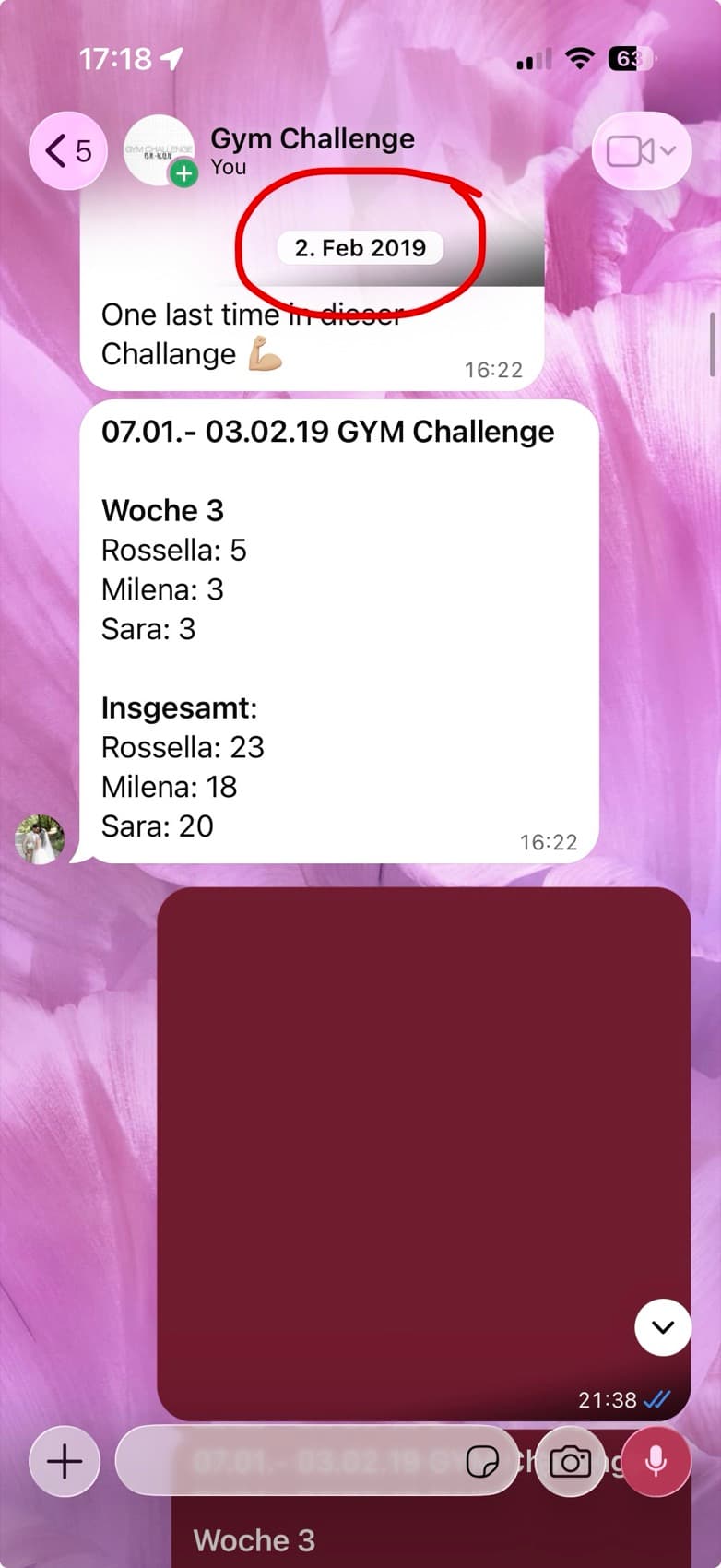 Screenshot einer WhatsApp-Gruppe „Gym Challenge“ vom 2. Februar 2019 mit Wochenstand der Trainingseinheiten