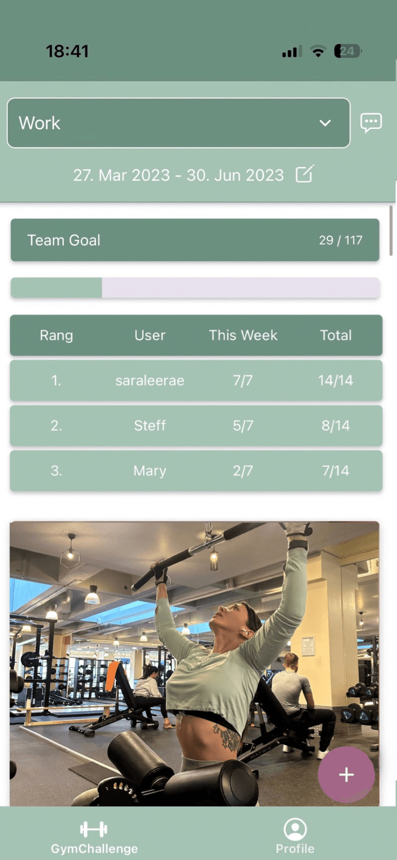 Screenshot der GymChallenge App: Challenge „Work“ mit Team-Ziel-Fortschrittsbalken, Rangliste mit Wochen- und Gesamtzähler sowie einem Foto-Check-in aus dem Gym.