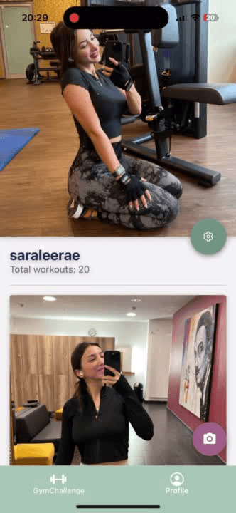 Profilseite mit Foto-Check-ins aus dem Gym und der Gesamtzahl von 20 Workouts.