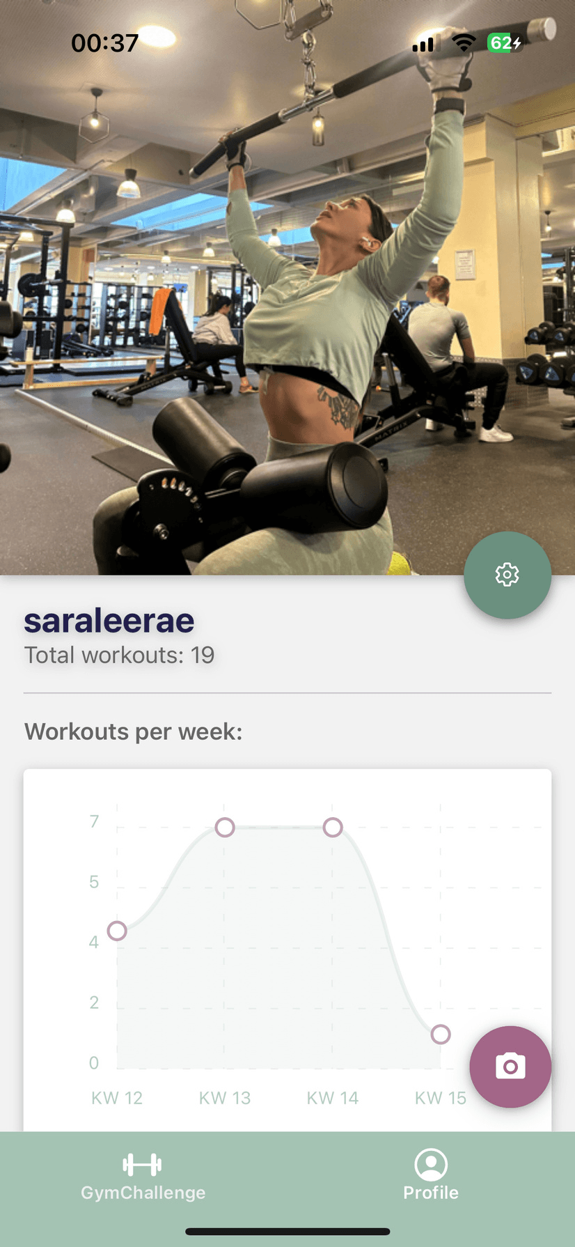 Profilseite mit Gesamtzahl von 19 Workouts und einem Diagramm der Workouts pro Kalenderwoche.
